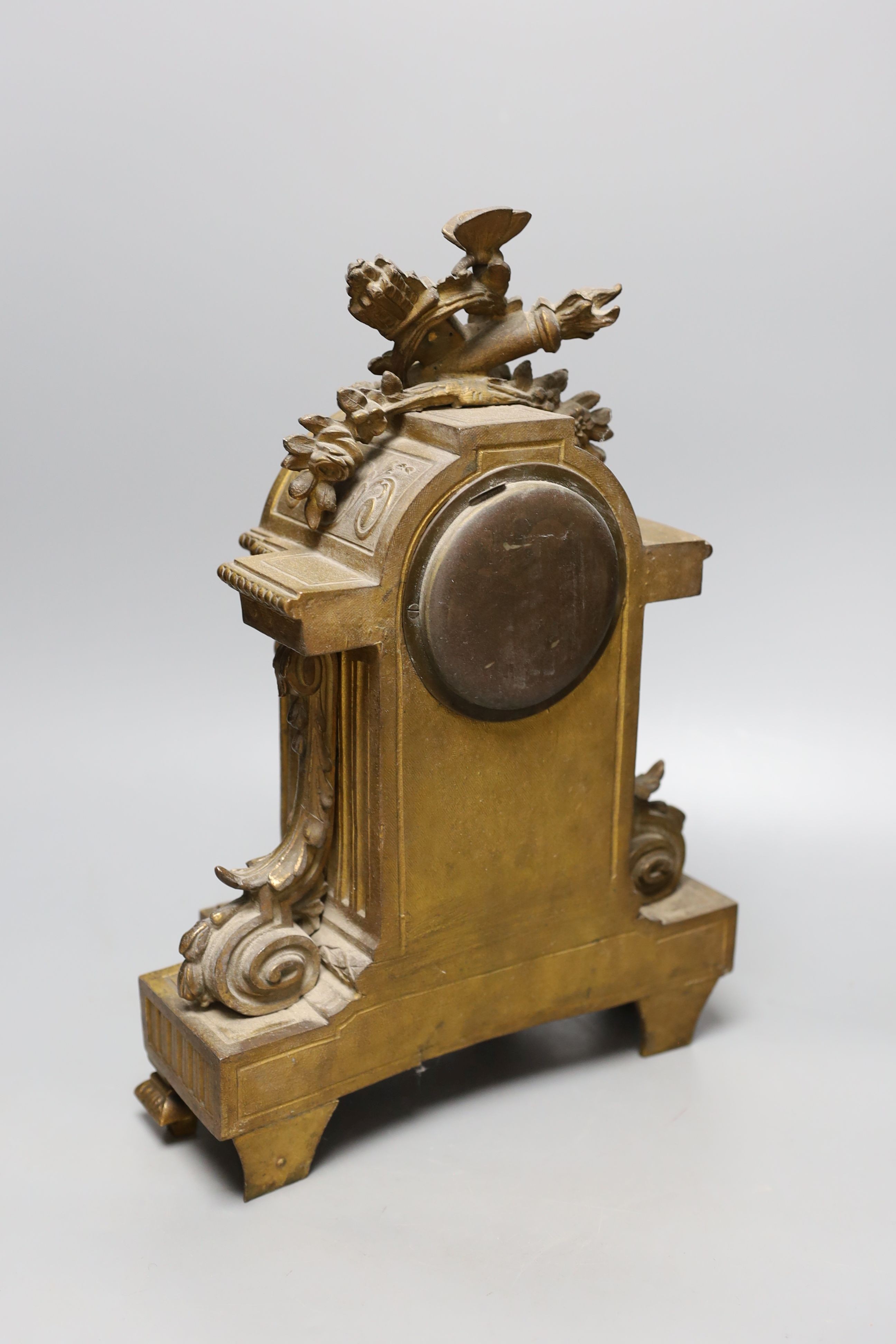 A 19th century French gilt metal and porcelain mantel clock, 36cm high